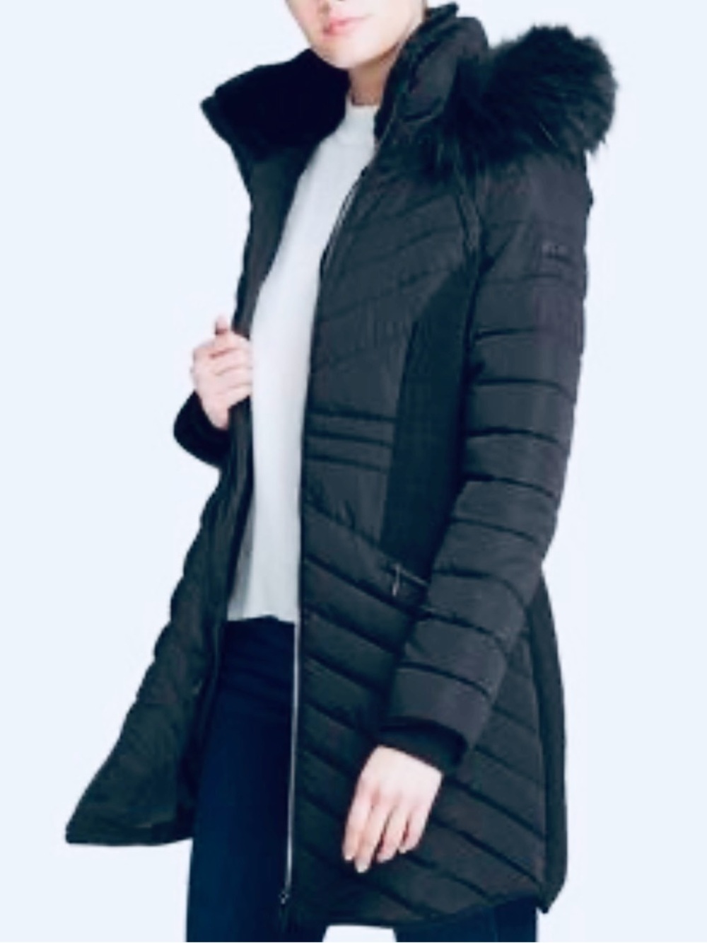 DKNY Women's Mixed-Media Hooded Puffer Coat - Medium-MSRP $268